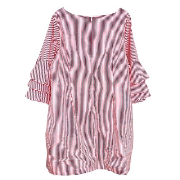 Adrianna Papell Tiered Ruffle Bell Sleeve Striped Red and White Dress Size: 16W - Picture 2 of 4
